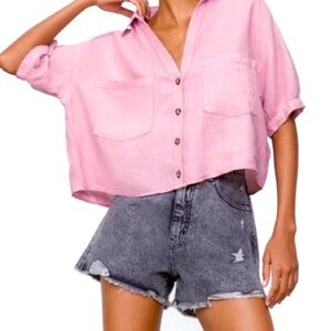 Zara cropped pink linen top withh V neck short sleeve